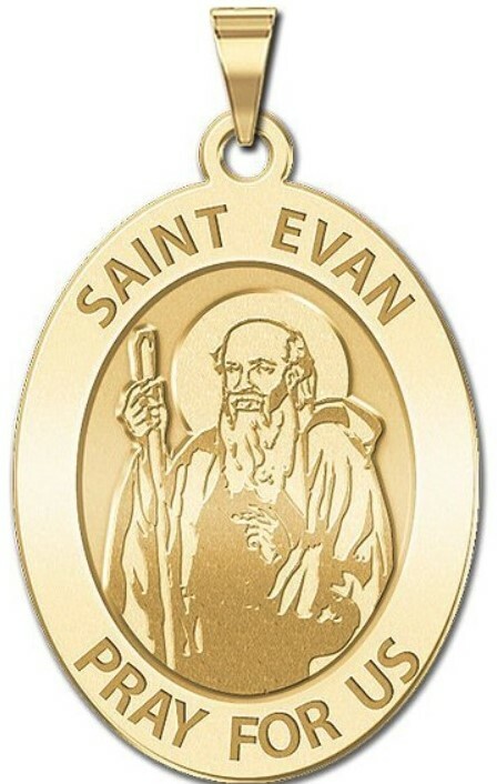 St. evan medallion saying "pray for us"